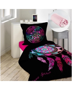 Pack parure de couette enfant 140x200 cm Porte bonheur + drap housse 90x190 Rose