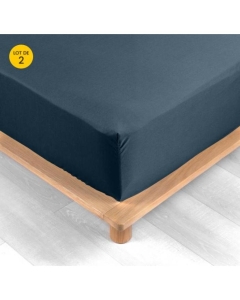Lot de 2 Drap housse percale de coton 78fils ultra doux 160 x 200 cm Bleu nuit