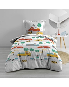 Pack parure de couette enfant 140x200 cm Voiture + drap housse 90 x 190 x 30 Blanc