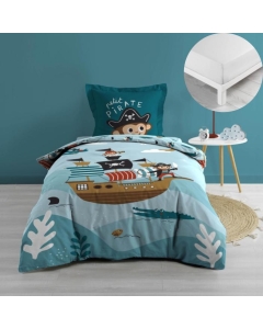 Pack housse de couette enfant 140 x 200 cm Moussaillon + drap housse 90 x 190 x 30 Blanc