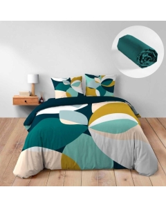 Pack Housse de Couette 240 x 220 cm en Coton + 2 Taies et Drap Housse Pétrole 140x190 cm