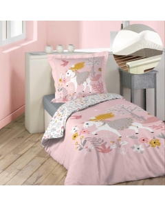 Pack parure de couette enfant 140x200 cm Fée des bois + drap housse 90x190 Blanc