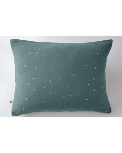 Taie d'oreiller gaze de coton brodée fil or 50 x 70 cm Gaia Chic Bleu canard