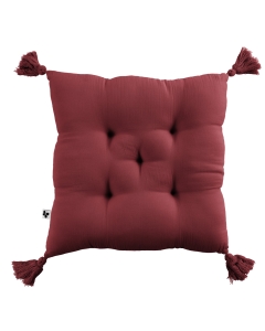Coussin capitonné 5 points avec pompons gaze de coton 40 x 40 cm gaia lie de vin Bordeaux
