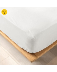 Lot de 2 Drap housse percale de coton 78fils ultra doux 160 x 200 cm Blanc