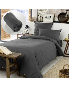 Pack Housse de couette en flanelle 140x200 cm + 1 taie 50x70 + drap housse 90x190 Candice Anthracite