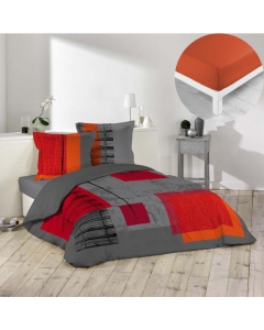 Pack housse de couette 220x240 cm Quadro + drap housse 140x190x30 Paprika