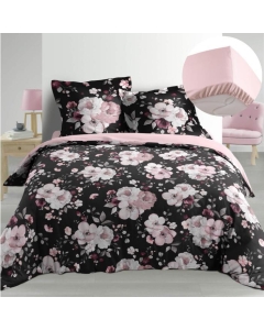 Pack Housse de couette  220x240 cm Percale luxe Flower noir + drap housse 140x190 Rose