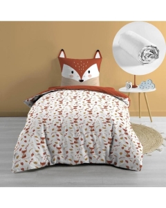 Pack housse de couette enfant 140 x 200 cm Renard + drap housse 90 x 190 Blanc