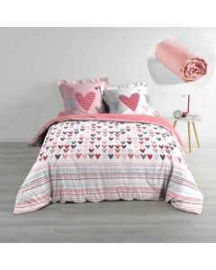 Pack parure de couette 200 x 200 cm Lolove + drap housse 140 x 190 x 30 Rose