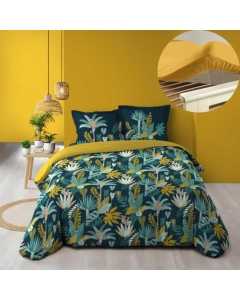 Pack parure de couette guinea vert 240 x 220 cm + drap housse 140 x 190 x 30 cm Jaune