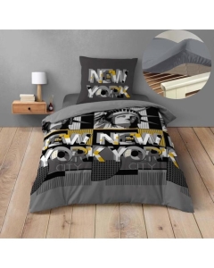 Pack housse de couette enfant 140 x 200 cm Big city + drap housse 90 x 190 Gris