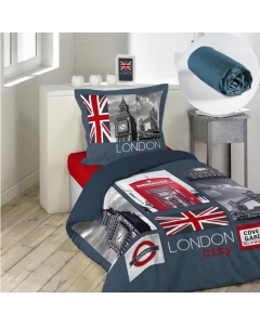 Pack parure de couette enfant 140x200 cm London + drap housse 90x190 Bleu