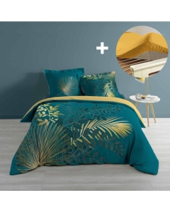 Pack parure de couette 260x240 cm Strassy bleu + drap housse 160x200 Jaune