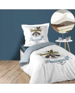 Pack parure de couette enfant 140x200 cm Filou + drap housse 90x190 Blanc