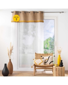 Lot de 2 Voilages a oeillets 140 x 240 cm voile sablé + jute Malory Jaune