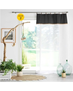 Lot de 2 Voilages à anneau 140 x 240 cm en polycoton sablé + jute Leana Noir