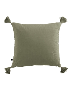 Coussin déhoussable avec pompons gaze de coton 40 x 40 cm gaia romarin Kaki