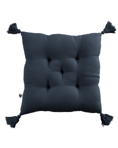 Coussin capitonné 5 points avec pompons gaze de coton 40 x 40 cm gaia minuit Bleu foncé