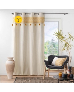 Lot de 2 Rideaux  a oeillets 140 x 240 cm polycoton+ pompons Isalina Jaune