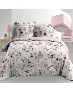 Pack Housse de couette 220x240 cm Percale luxe Flower Blanc + drap housse 140x190 Rose