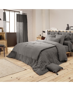Bout de lit double gaze de coton à pompons 90 x 200 cm Gaia Anthracite