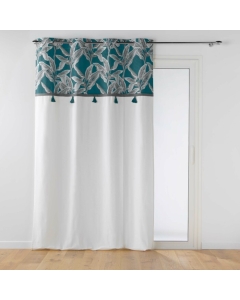 Rideau a oeillets 140 x 240 cm coton uni+top imprime+pompons isibelle Bleu