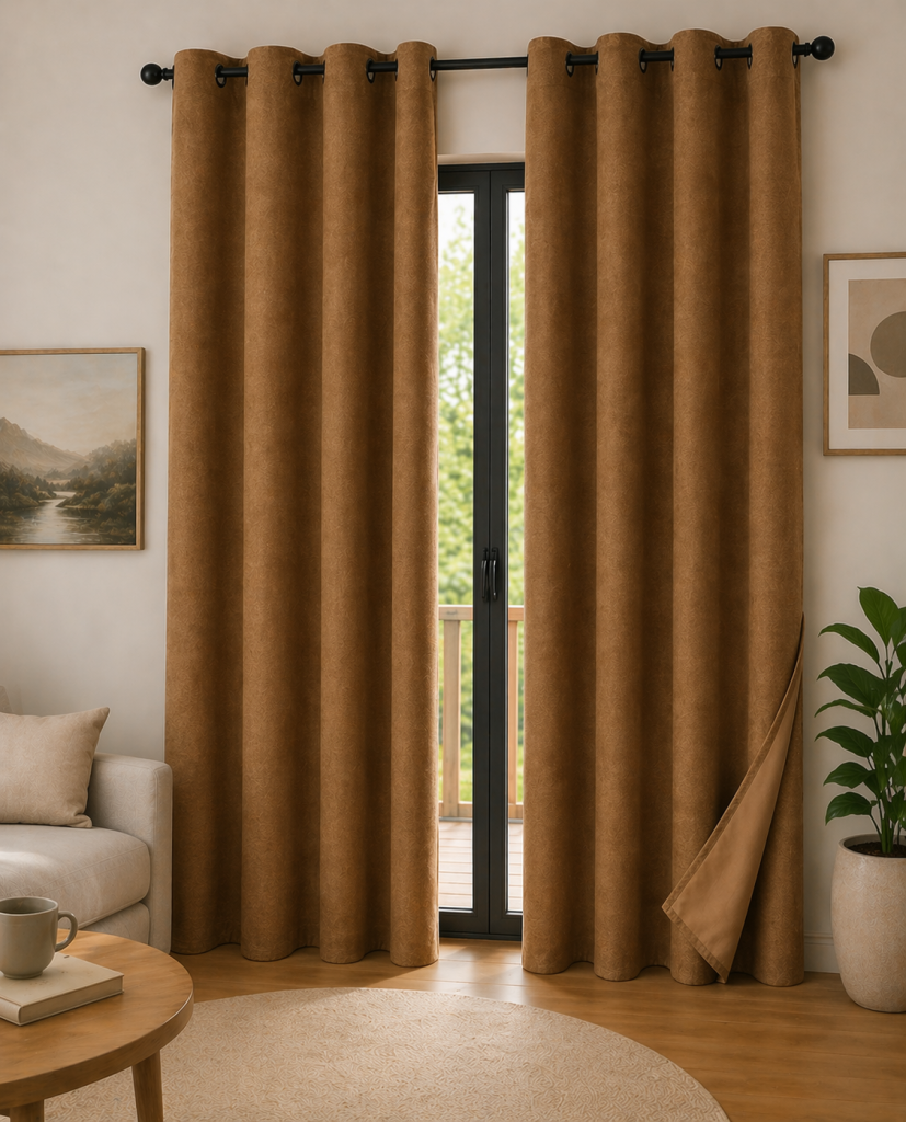 Lot de 2 Rideaux 140 x 240 cm – Blackout total & Thermique – Double polaire – Camel