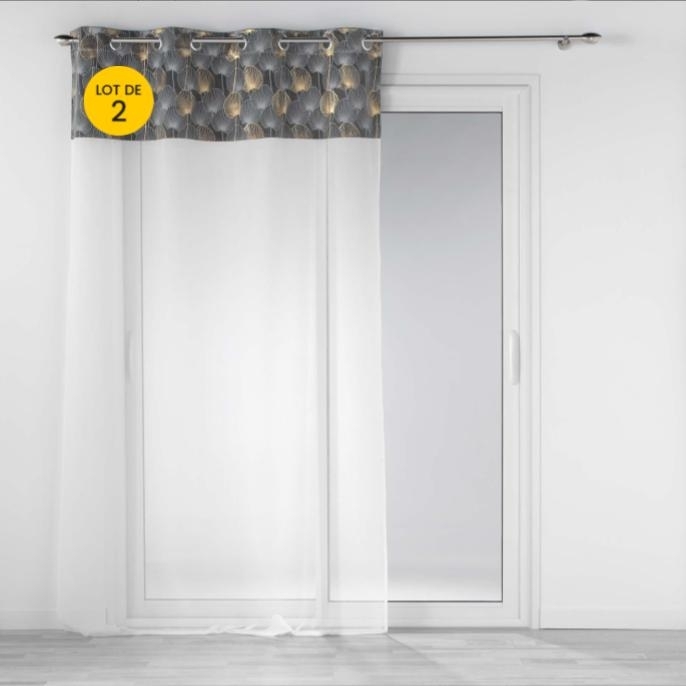 Lot de 2 Voilages 140 x 240 cm voile sablé + haut velours Clairine Gris