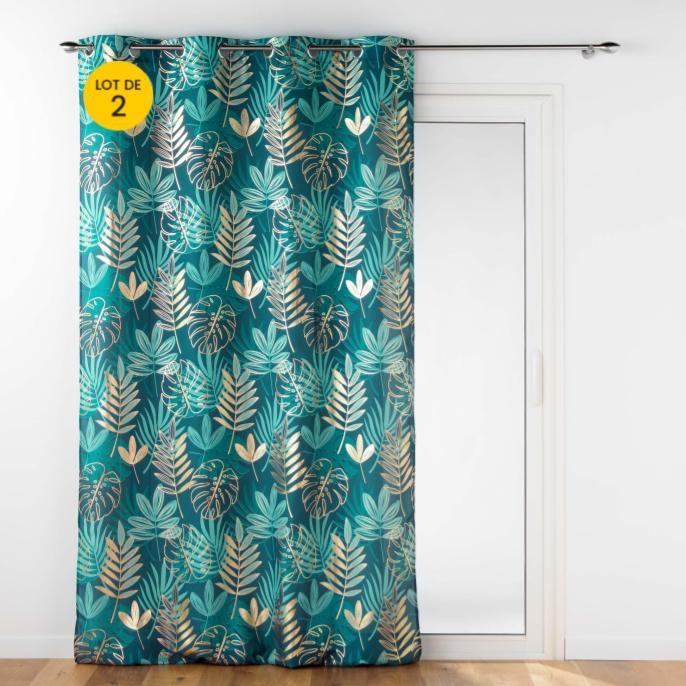 Lot de 2 Rideaux déco à oeillet 140 x 260 cm polyester imprimé Ornella Emeraude