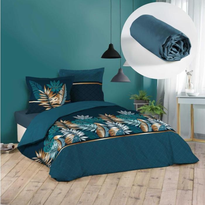 Pack housse de couette 220x240 cm Alianor + drap housse 140x190 Bleu