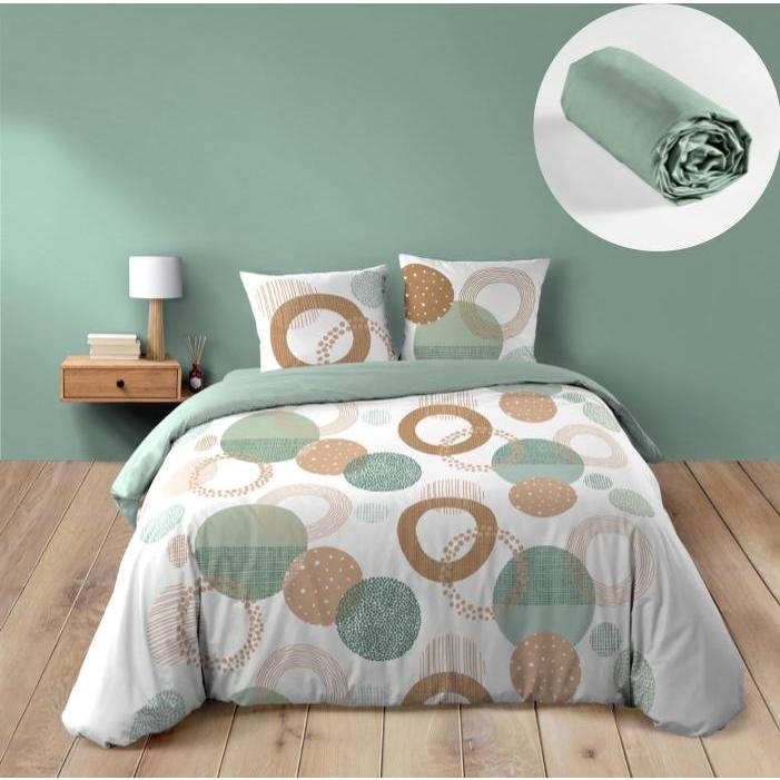 Pack 4 pièces Housse de couette 240 x 220 cm Lunabella + 2 taies + drap housse 140 Sauge