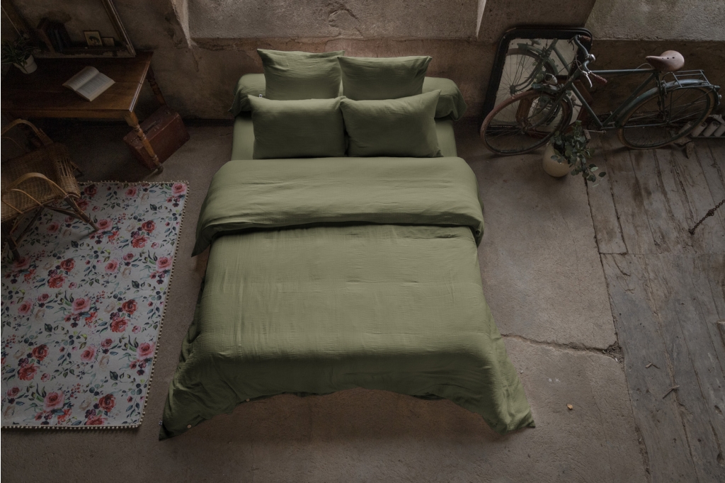 Pack gaze de coton parure de couette 220x240 cm + drap housse 140x190 + 2 taies 60x60 Romarin