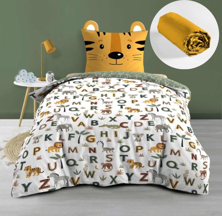 Pack Parure de lit enfant 140 x 200 cm + Drap Housse 90x190 cm Jaune – TIGRY –