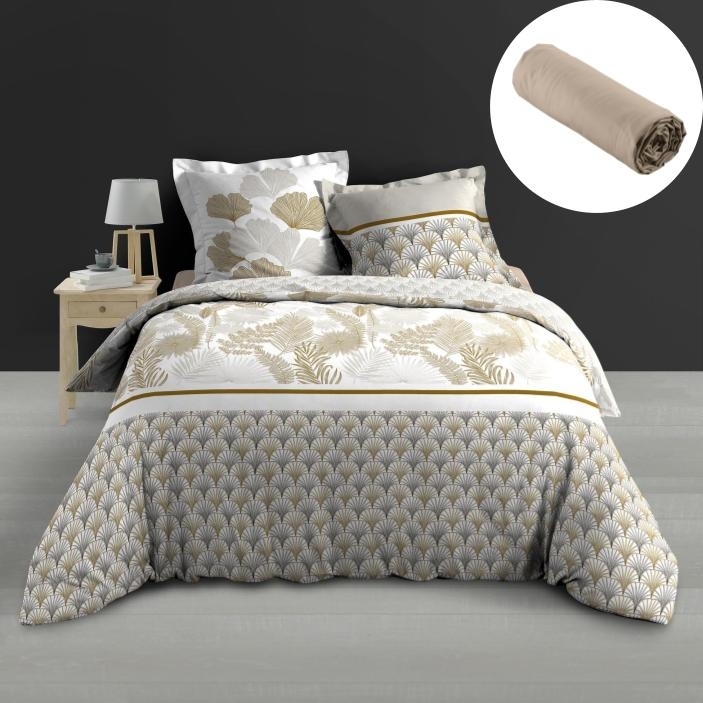 Pack housse de couette 260 x 240 cm percale 78 fils Melisse + DH 160x200 cm Sable