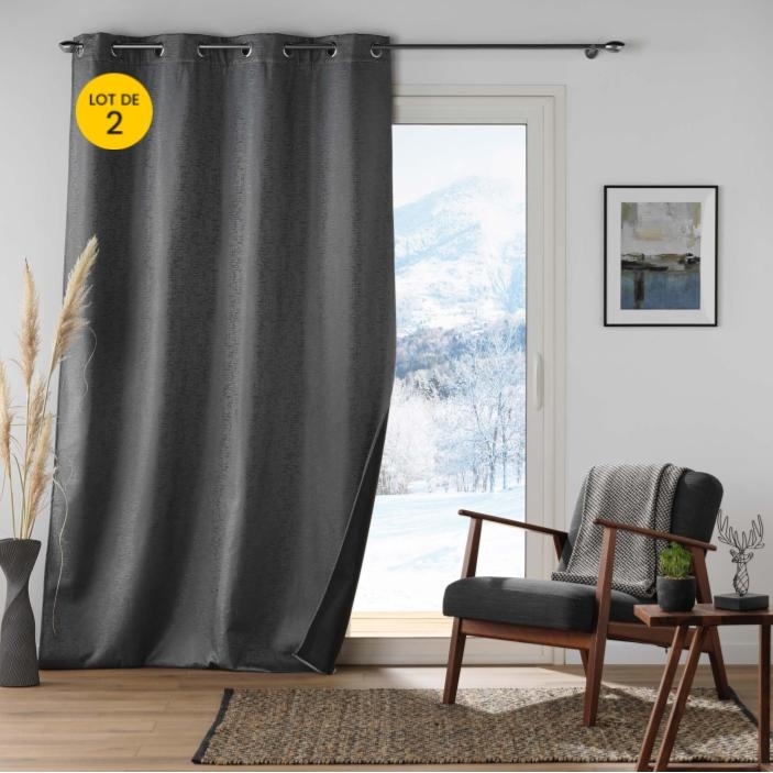 Lot de 2 Rideaux à oeillets coupe froid 140 x 260 cm jacquard Polarine Anthracite