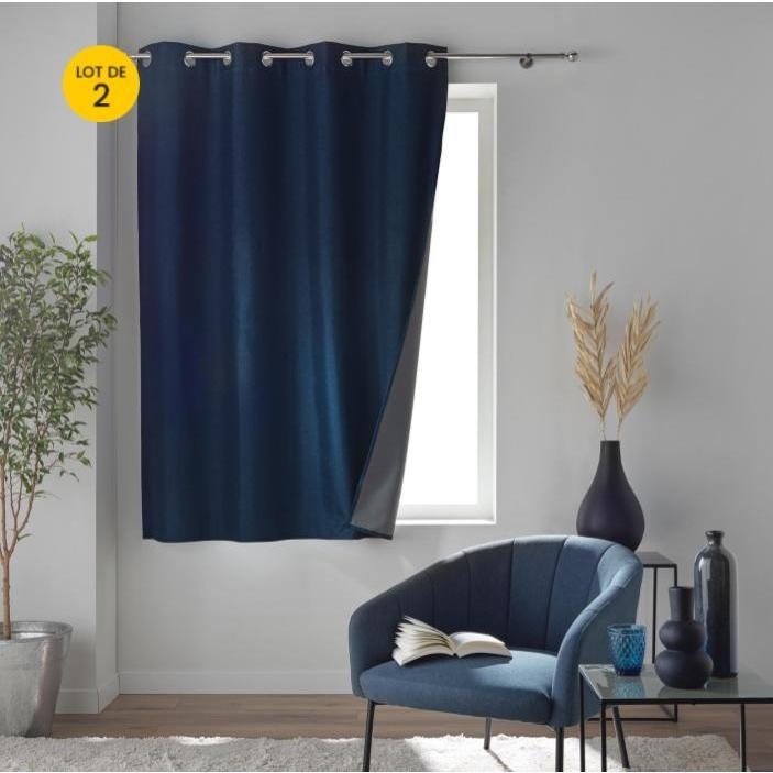 Lot de 2 rideaux à œillets 140 x 180 cm 100% occultant thermique - Modèle Crépuscule Bleu