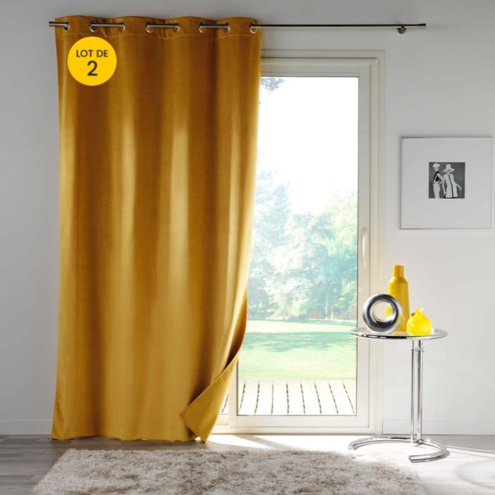 Lot de 2 Rideaux 100% occultant 135 x 260 cm en velours Velounight Jaune