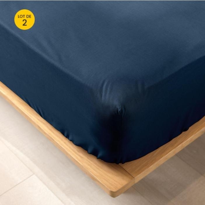 Lot de 2 draps housse King size 180 x 200 cm en coton bio Biolina Bleu