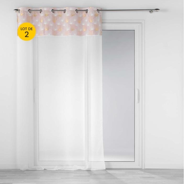 Lot de 2 Voilages 140 x 240 cm voile sablé + haut velours Clairine Rose