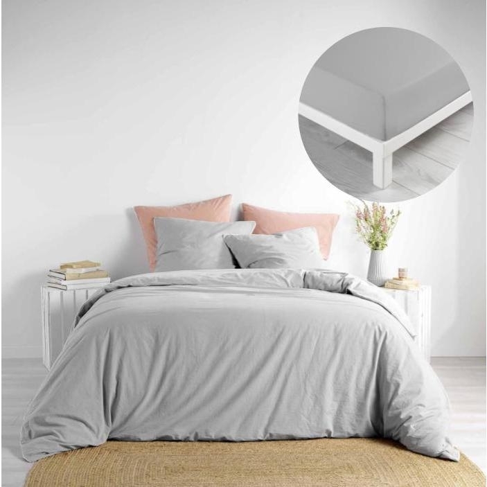 Pack parure 240 x 220 cm coton lavé 57 fils + DH 140x190 cm Linette Gris