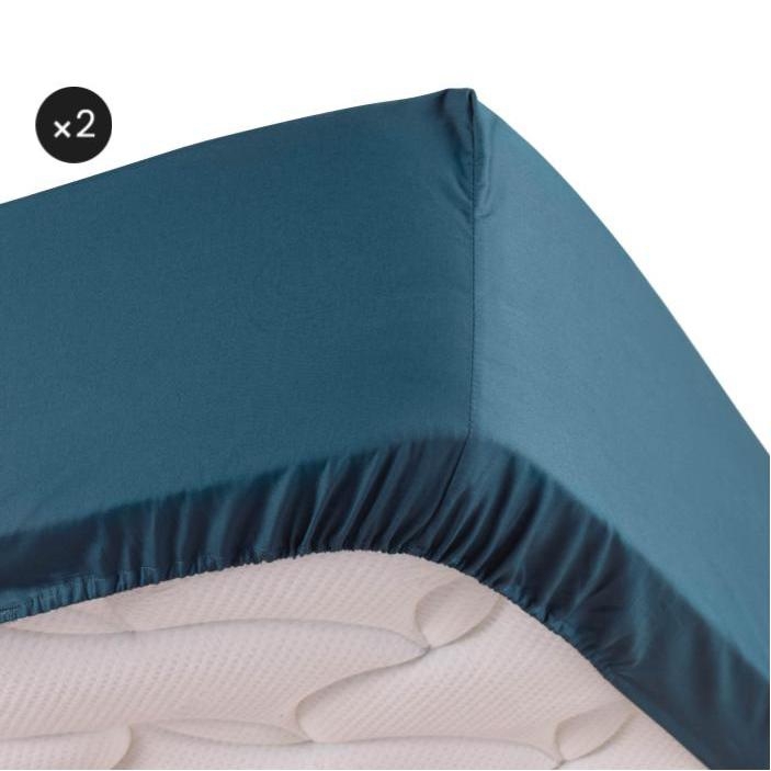 Lot de 2 Draps housse bleu 140 x 190 cm en percale bonnet 30 cm