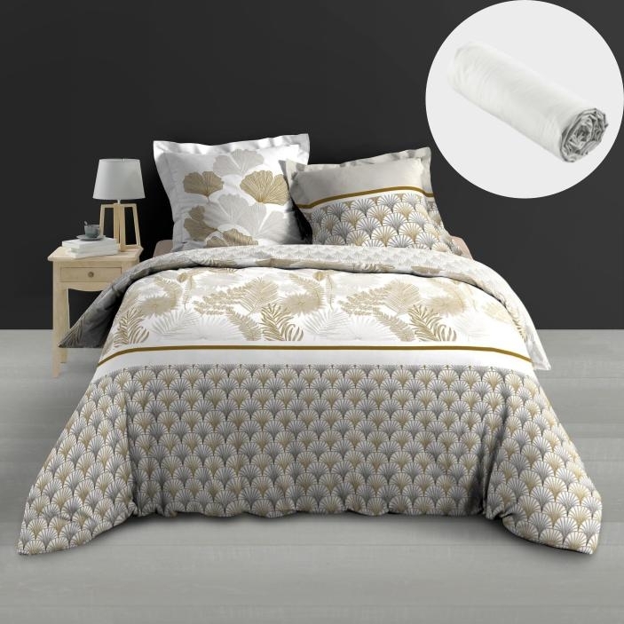 PacK housse de couette 260 x 240 cm percale 78 fils Melisse + DH 160x200 cm Blanc