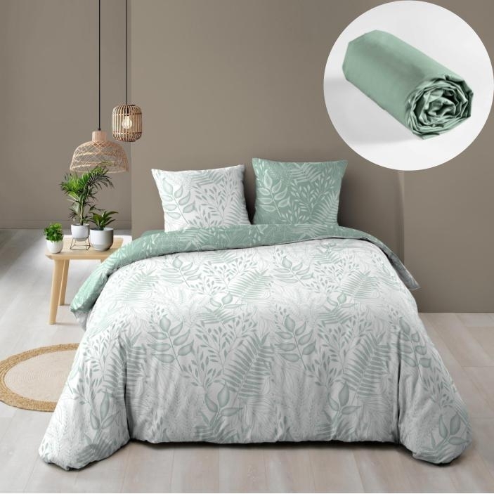 Parure de Lit 240 x 220 cm –  Réversible + Drap Housse Coton 57 fils Cassia Sauge