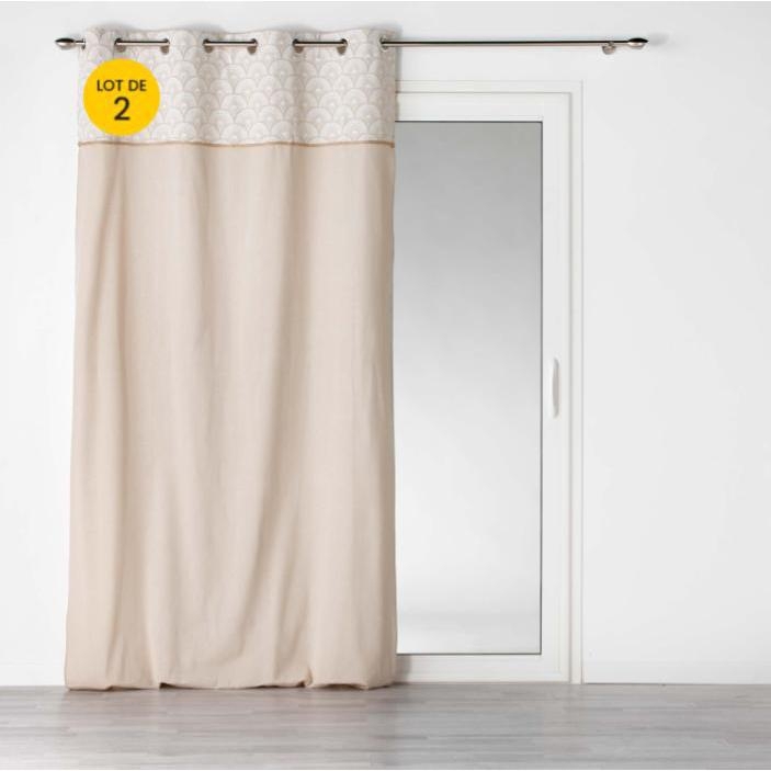Lot de 2 Rideaux à oeillets 140 x 240 cm polycoton + jute imprimée Bahina Ecru-blanc
