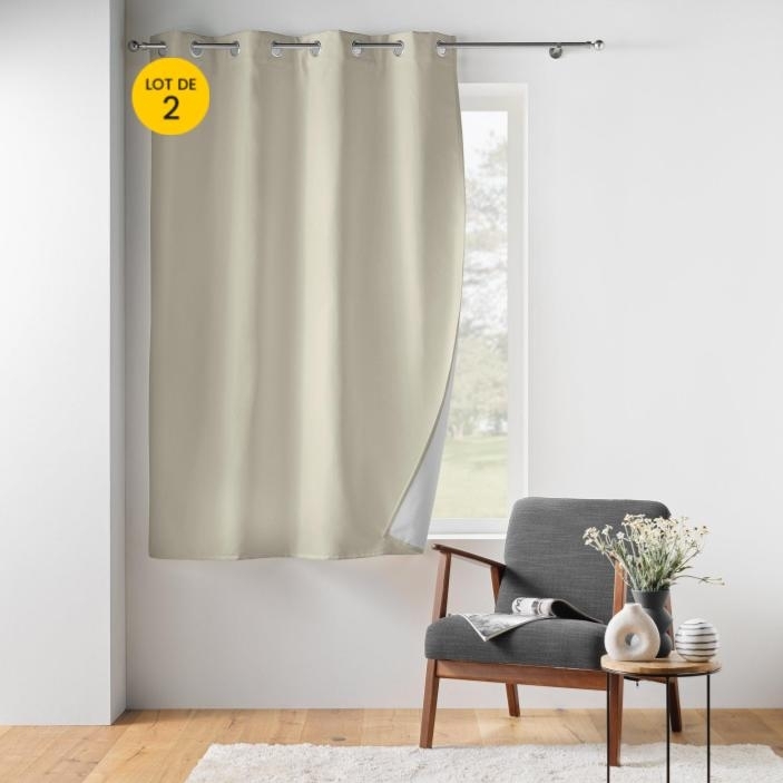Lot de 2 Rideaux petite hauteur 135 x 180 cm isolant thermique microfibre Micropolar Beige