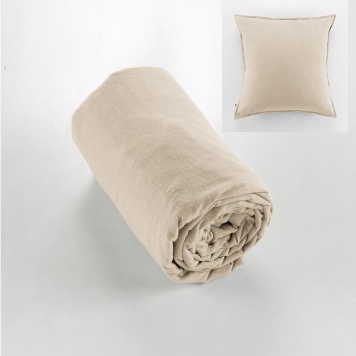Pack drap housse 140x190 cm + 2 taies 63x63 flanelle chaude beige