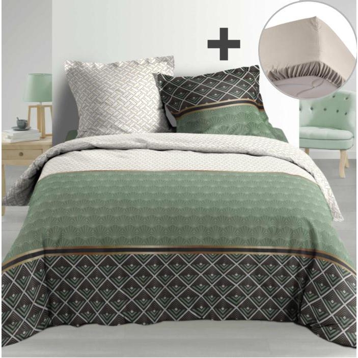 Pack parure de couette 220x240 cm 100% percale Belor + drap housse 140x190 cm Lin