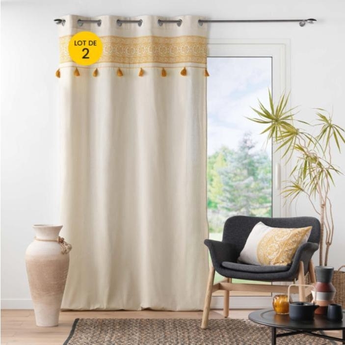 Lot de 2 Rideaux a oeillets 140 x 240 cm polycoton+ pompons Isalina Jaune