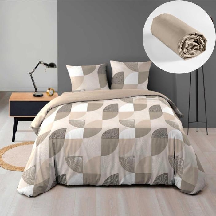 Pack Housse de couette 240 x 220 cm en Flanelle Ambroise + DH 140x190 Beige